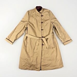 VTG Sears Belted Coat Womens Lg Tan Burgundy Trim Toggle Buttons Mandarin Collar